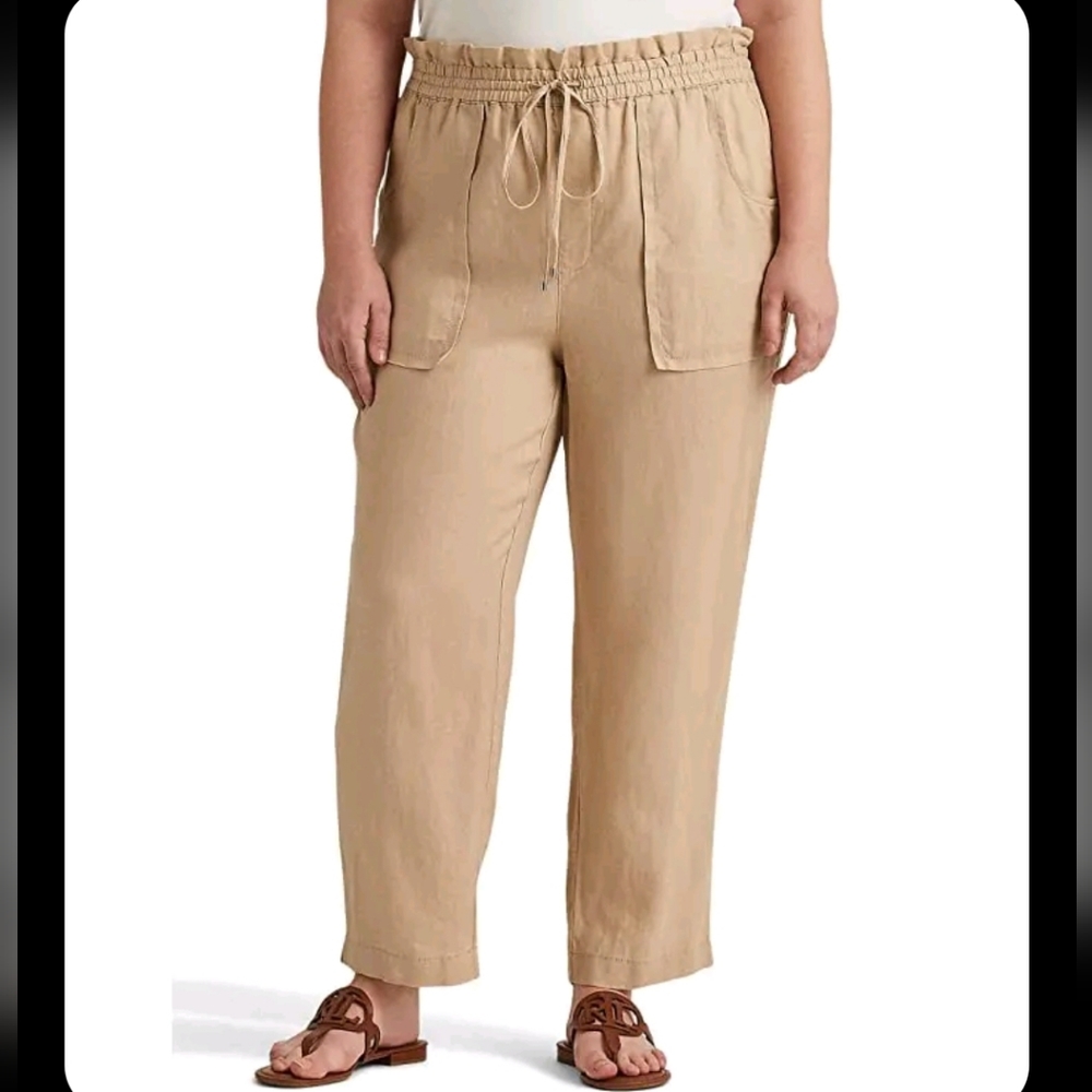 Lauren Ralph Linen Drawstring Straight Pant High Rise Pull-on 14W 22W Tan New